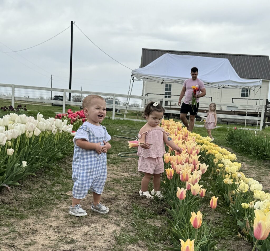 kids picking tulips at Hemingway Hill